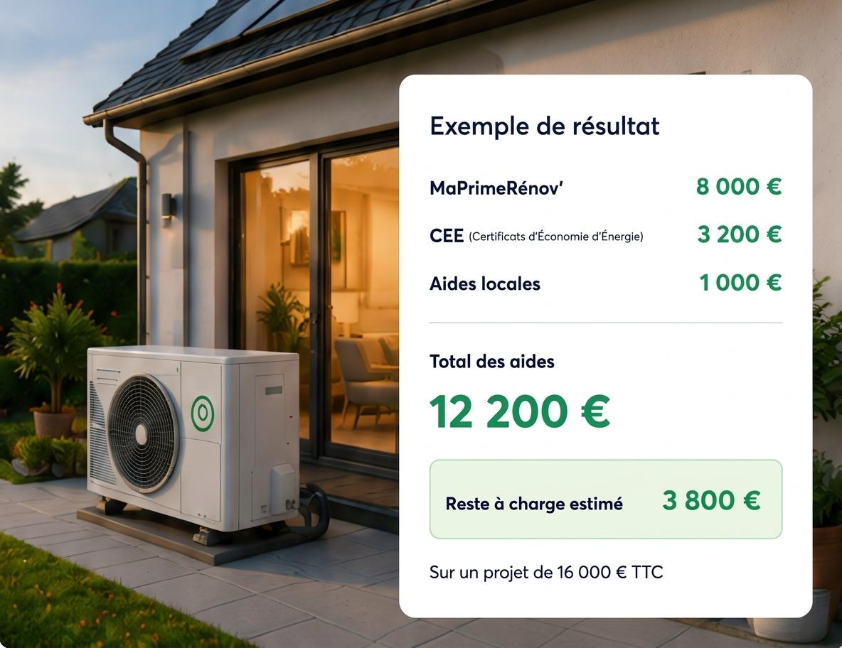 Maison avec pompe à chaleur et exemple de résultat de simulation des aides