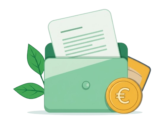 Portefeuille, document et pièce en euros