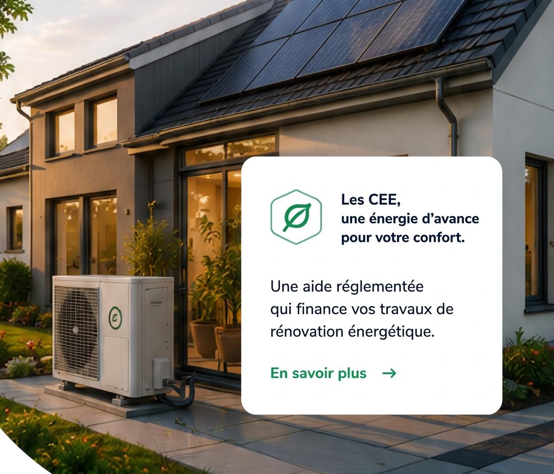Maison avec pompe à chaleur et panneaux solaires, aide CEE