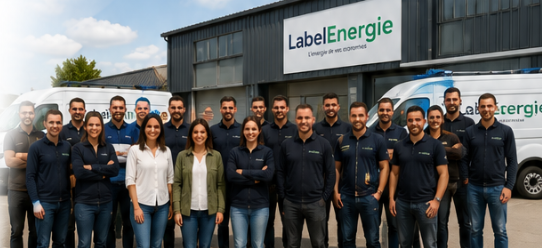 Équipe Label Énergie devant le siège et les véhicules d'intervention