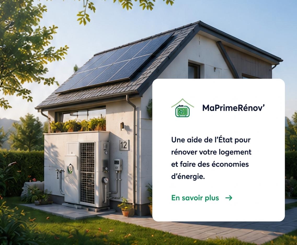 Maison rénovée avec panneaux solaires et pompe à chaleur, aide MaPrimeRénov'