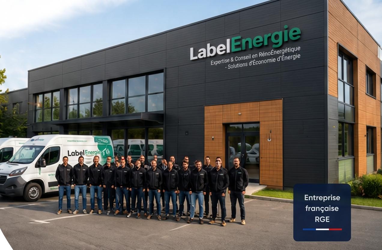 Siège et équipes Label Énergie devant leurs véhicules d'intervention