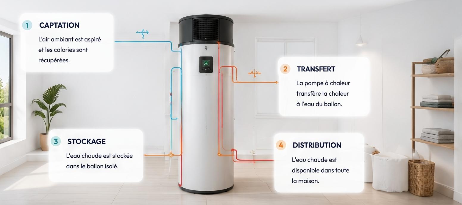 Schéma de fonctionnement d'un chauffe-eau thermodynamique : captation, transfert, stockage, distribution