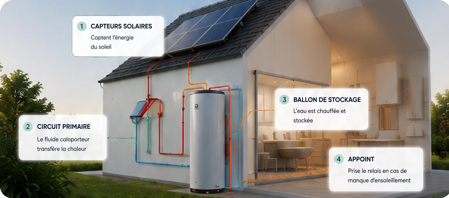 Schéma de fonctionnement d'un CESI : capteurs solaires, circuit primaire, ballon de stockage, appoint