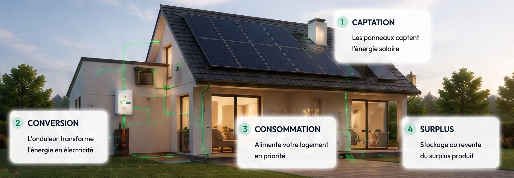 Schéma de fonctionnement d'une installation photovoltaïque : captation, conversion, consommation, surplus