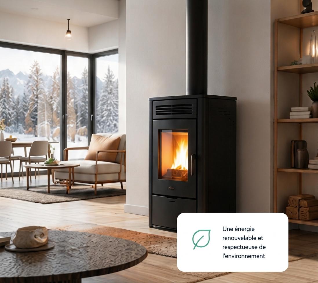 Poêle à granulés dans un salon chaleureux, avec une énergie renouvelable et respectueuse de l'environnement