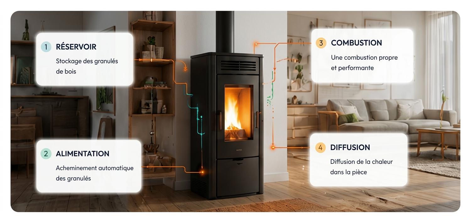 Schéma de fonctionnement d'un poêle à granulés : réservoir, alimentation, combustion, diffusion