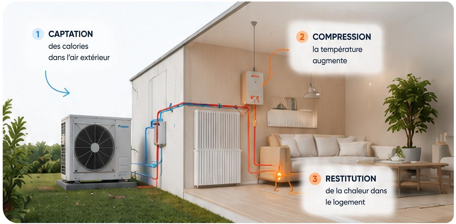 Schéma de fonctionnement d'une pompe à chaleur : captation, compression, restitution