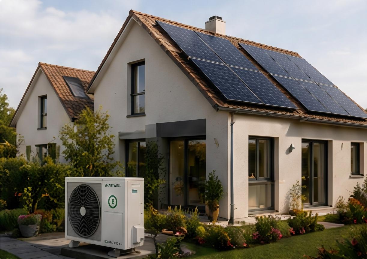 Maison individuelle équipée d'une pompe à chaleur et de panneaux solaires